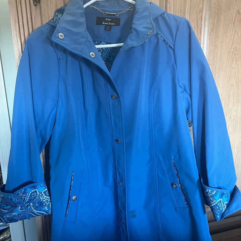 dennis basso Blue Hooded Trench Coat with Paisley Lining